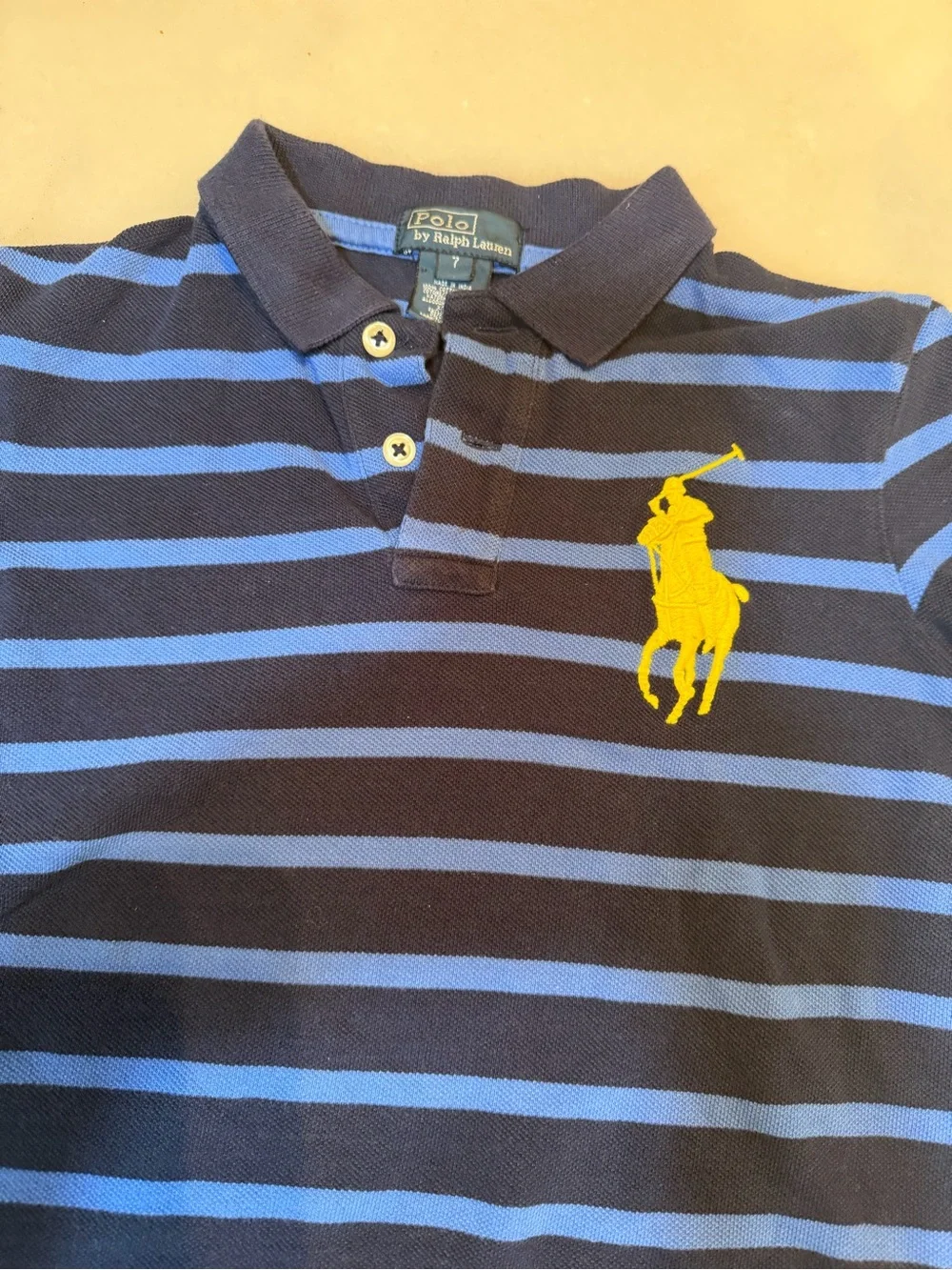 Polo by Ralph Lauren Navy & Royal Blue Striped Polo with Yellow Pony